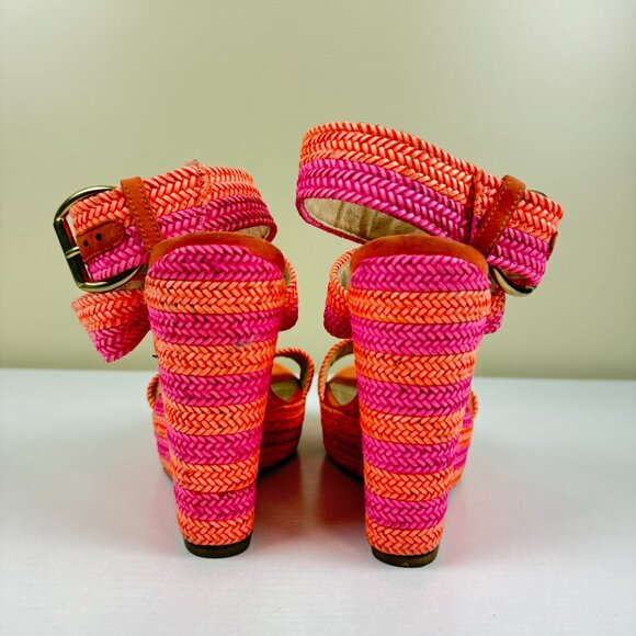 Stuart Weitzman Sherbert Laniard Pink Orange Braided Leather Wedge Sandals - Picture 4 of 11